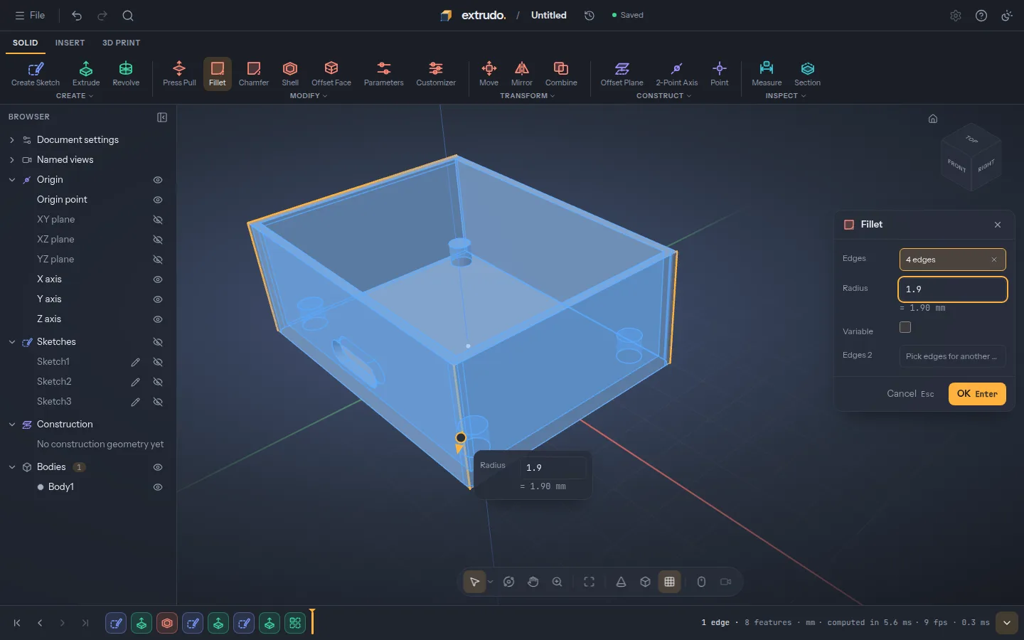 Extrudo's Fillet dialog open beside the tray, previewing the four outer vertical edges rounded.