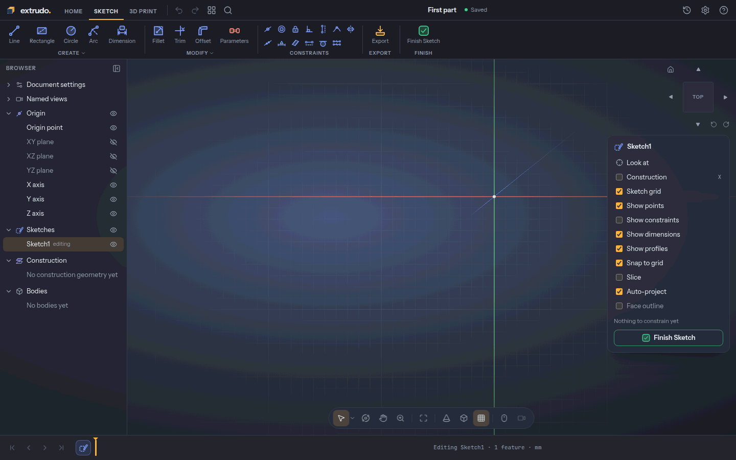 A new, empty sketch seen from above