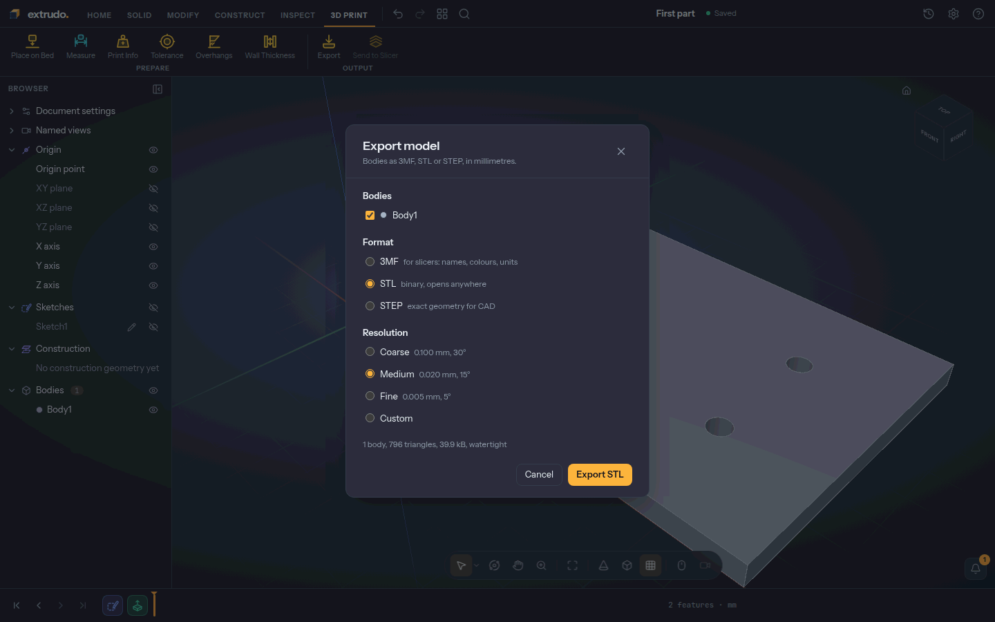 The Export dialog set to STL