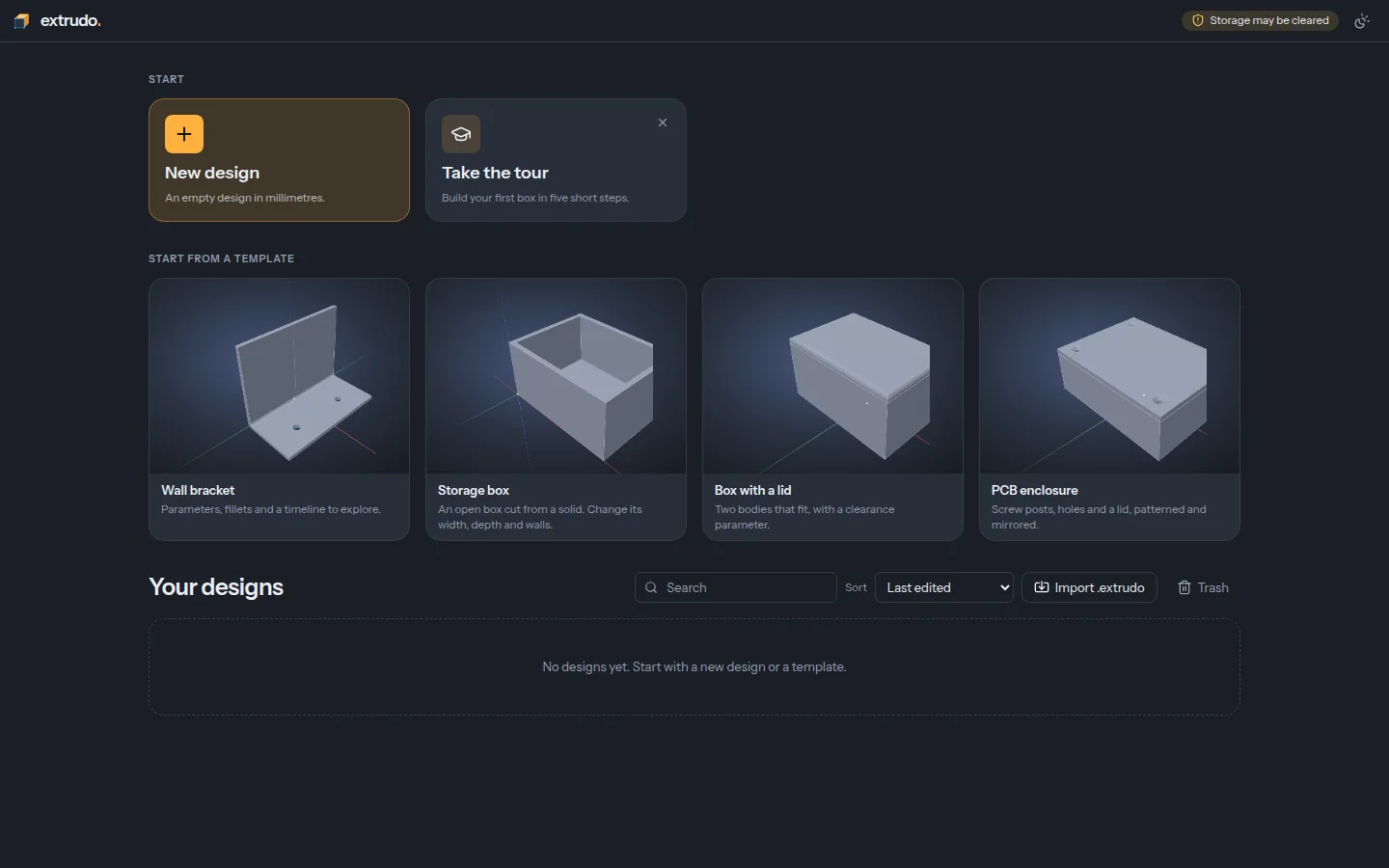 Extrudo's home screen, with a New design card, the tour and four templates.