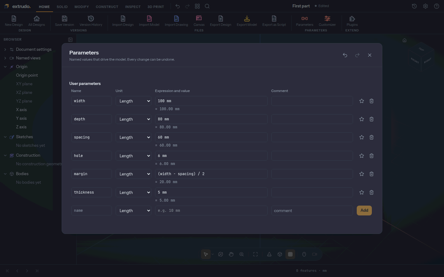 The Parameters dialog with six parameters